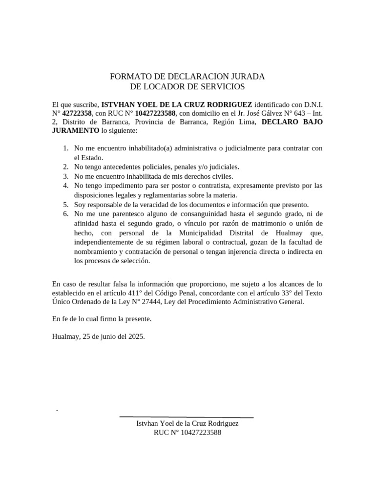 Declaración Jurada de Locador de Servicios | PDF