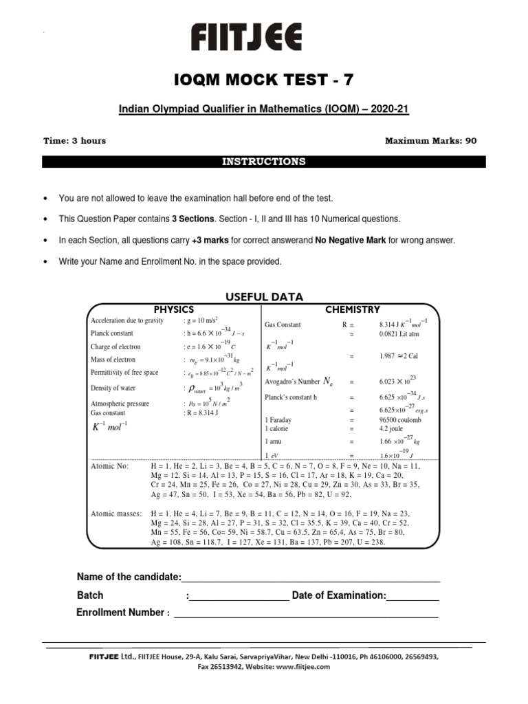 IOQM Mock Test 7 - Mathematics Practice | PDF | Area