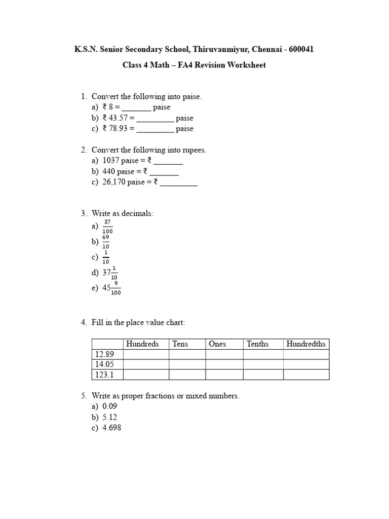 Class 4 Fractions Worksheet | PDF | Arithmetic | Mathematics