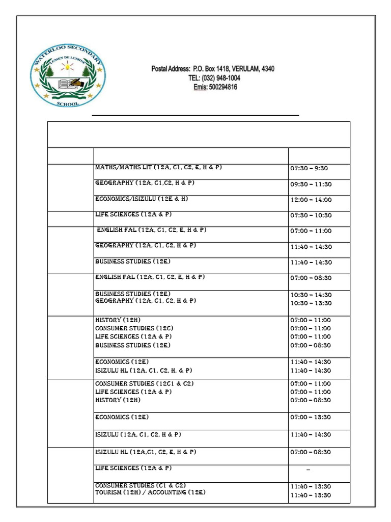 Grade 12 Exam Timetable March 2025 | PDF