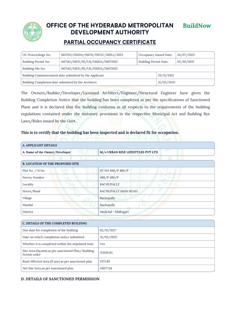 Partial Occupancy Certificate for Octower | PDF
