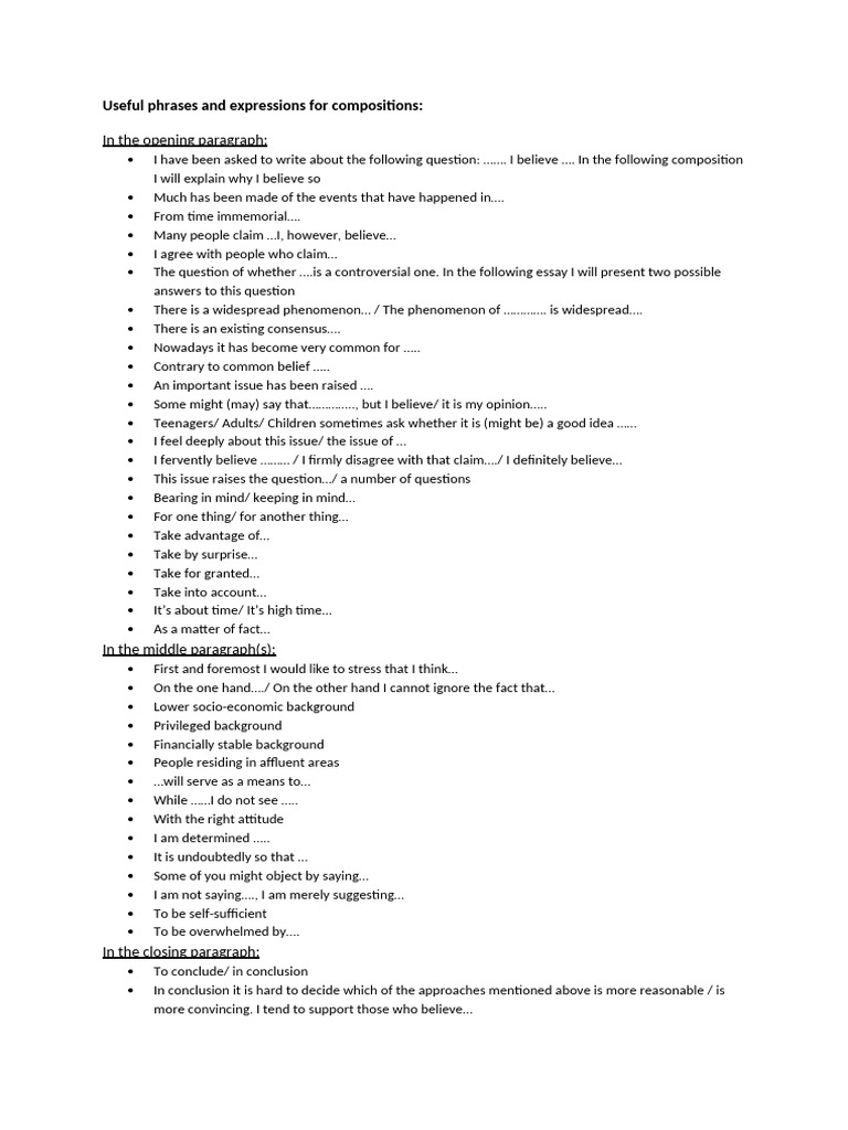 Useful Phrases and Expressions For Compositions Amended March 2022 ...