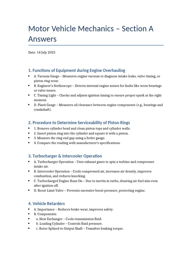 Section A Answers Motor Mechanics | PDF | Internal Combustion Engine ...