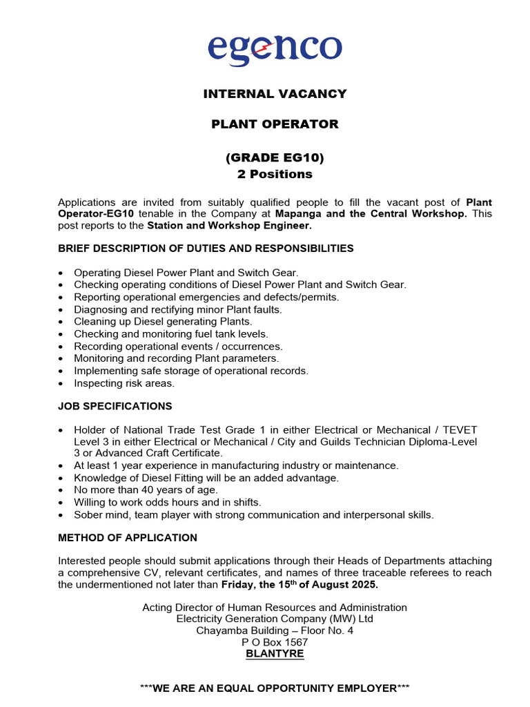 Mapanga Internal Advert Plant Operator Eg10 | PDF