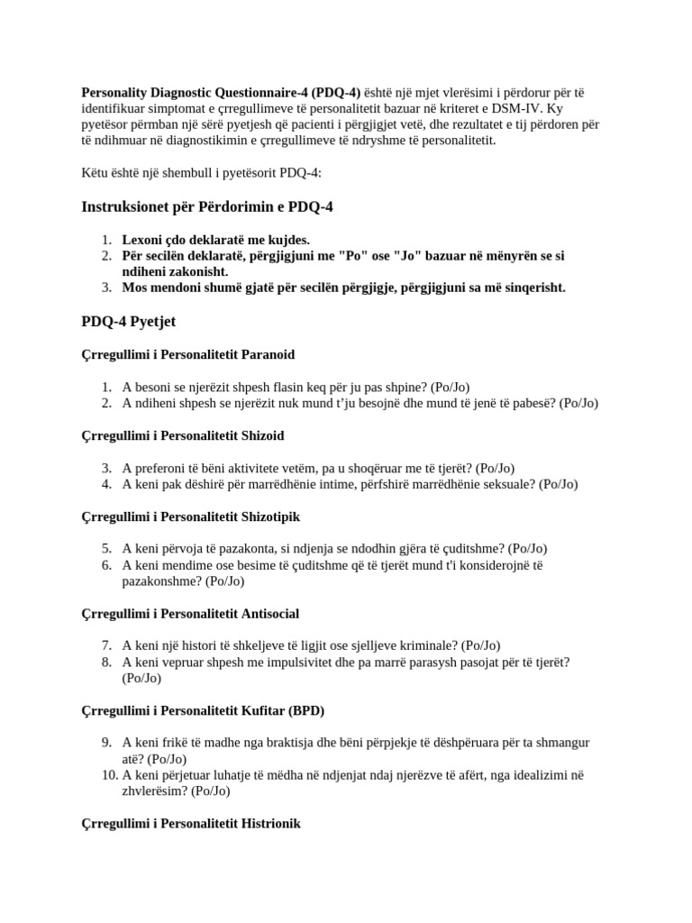 Personality Diagnostic Questionnaire-4 (PDQ-4) | PDF