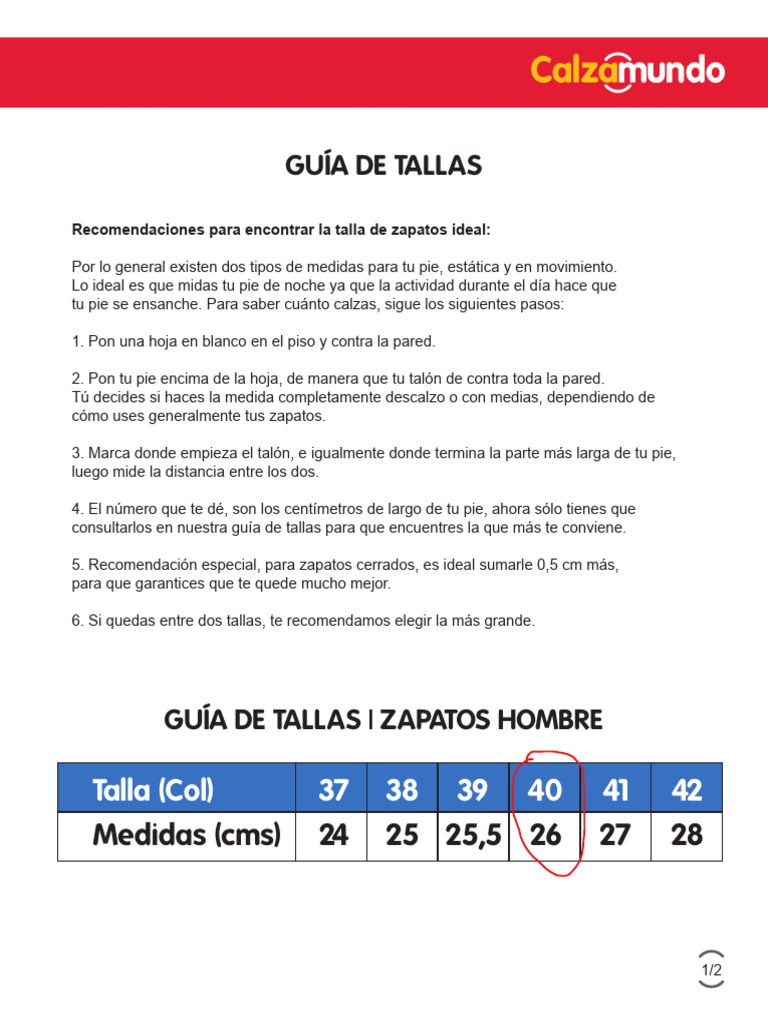 Guía de Tallas de Zapatos | PDF