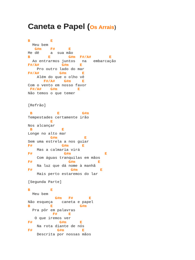 Caneta e Papel: Letra de Música Os Arrais | PDF