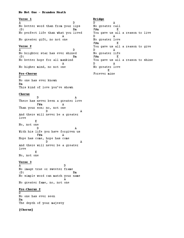 No Not One - Brandon Heath Lyrics | PDF | Poetry