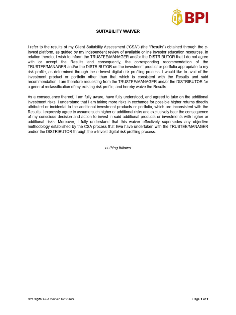 BPI Wealth Builder Suitability Waiver | PDF
