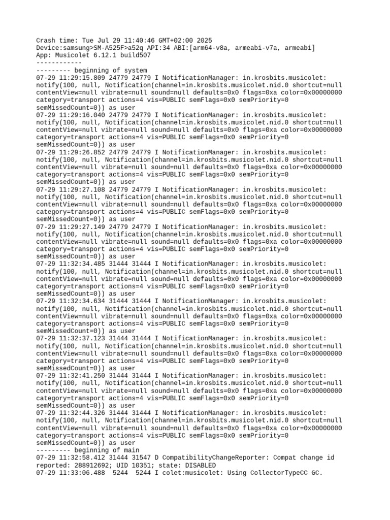 Musicolet App Crash Log Analysis | PDF | Computing Platforms | Software