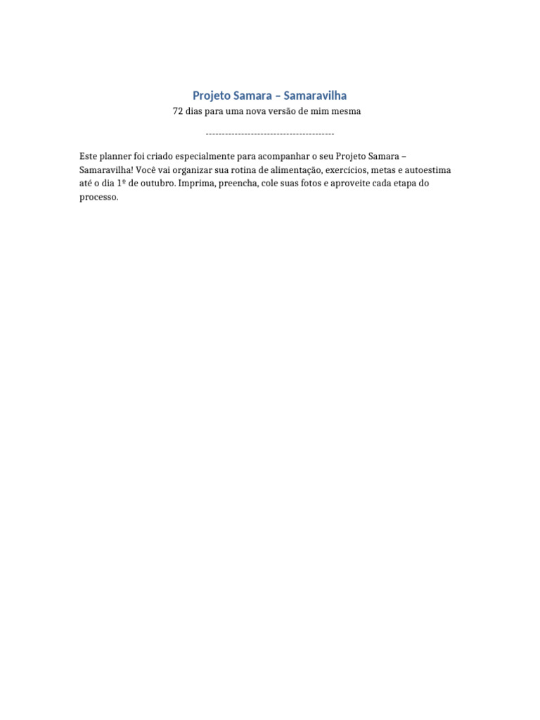 Planner Projeto Samara: Transformação Pessoal | PDF