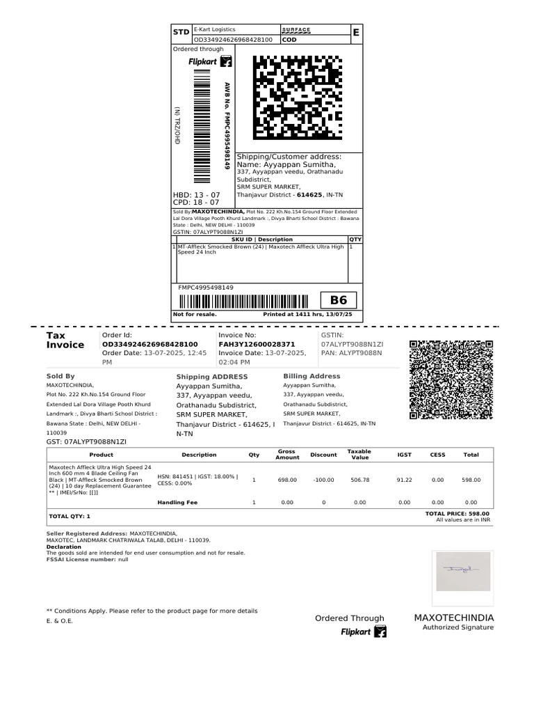 Flipkart Shipping Label Details | PDF | Invoice | Government Finances