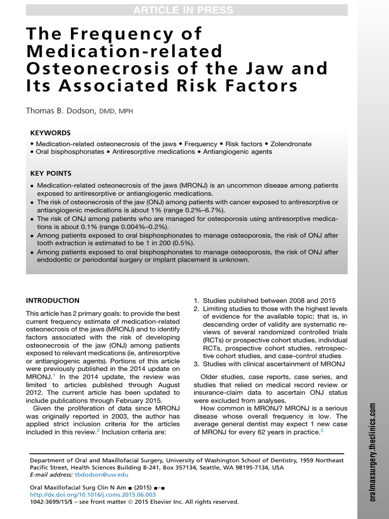 MRONJ Frequency and Risk Factors | PDF | Medicine | Medical Specialties