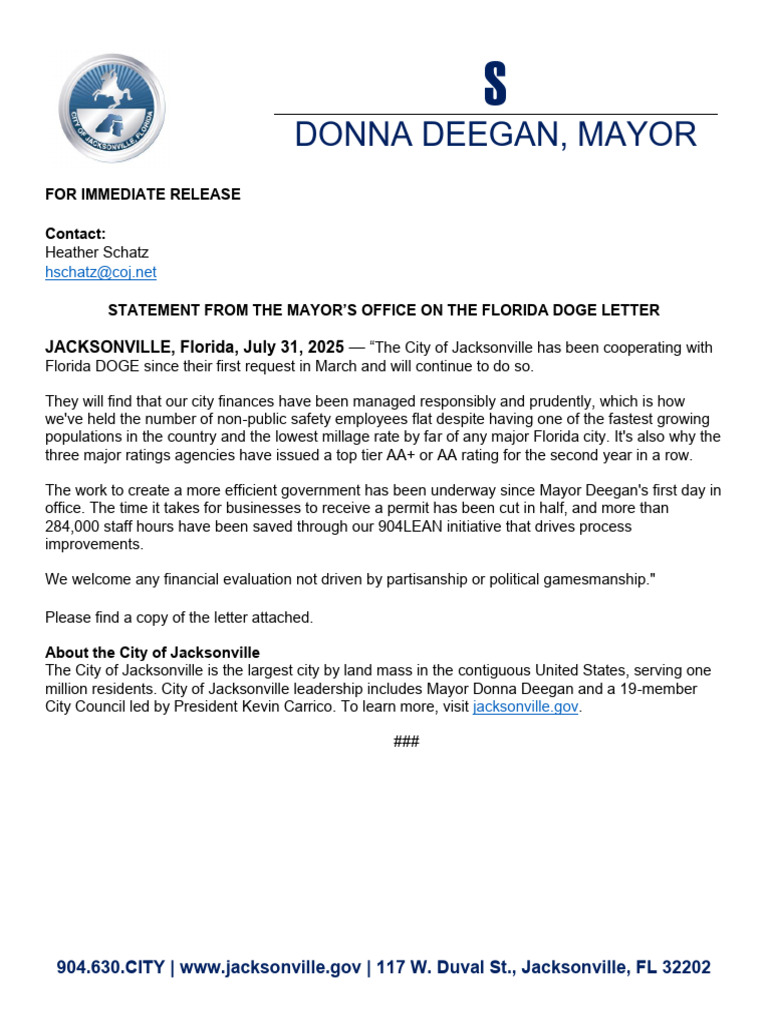 Jacksonville Mayor's Statement on DOGE Letter | PDF