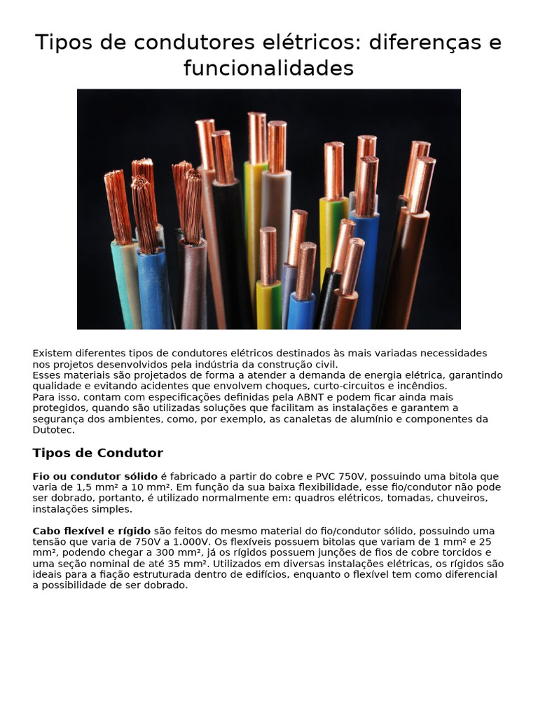 Tipos de Condutores Elétricos e Usos | PDF | Condutor elétrico ...