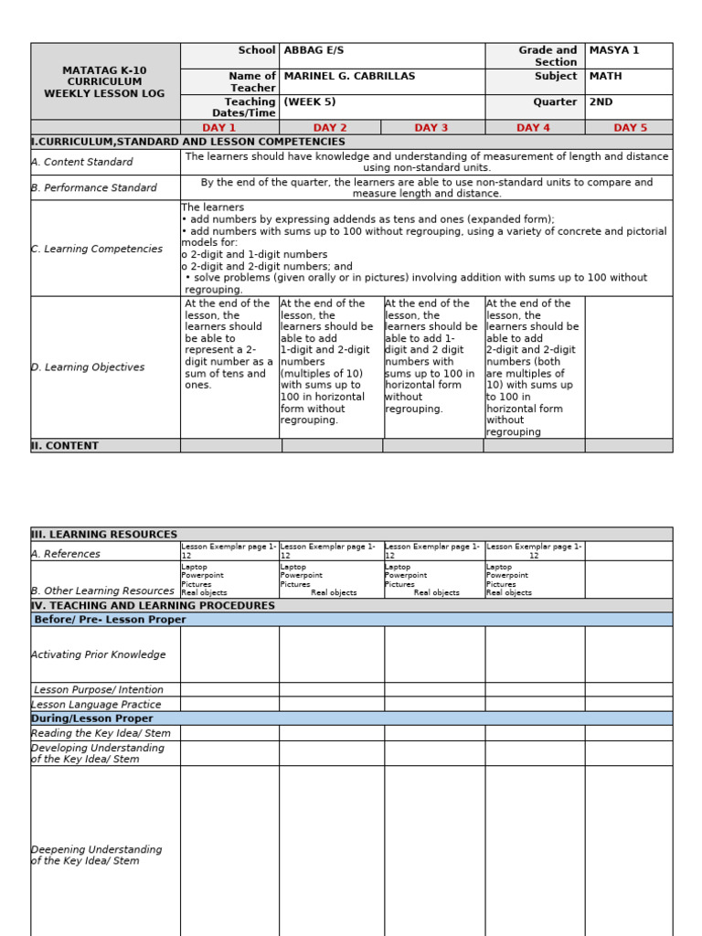 K-10 Math Weekly Lesson Plan | PDF | Learning | Curriculum