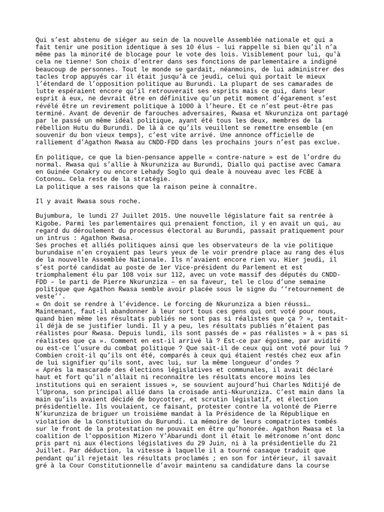 Agathon Rwasa : Volte-face politique au Burundi | PDF | Burundi | Guinée