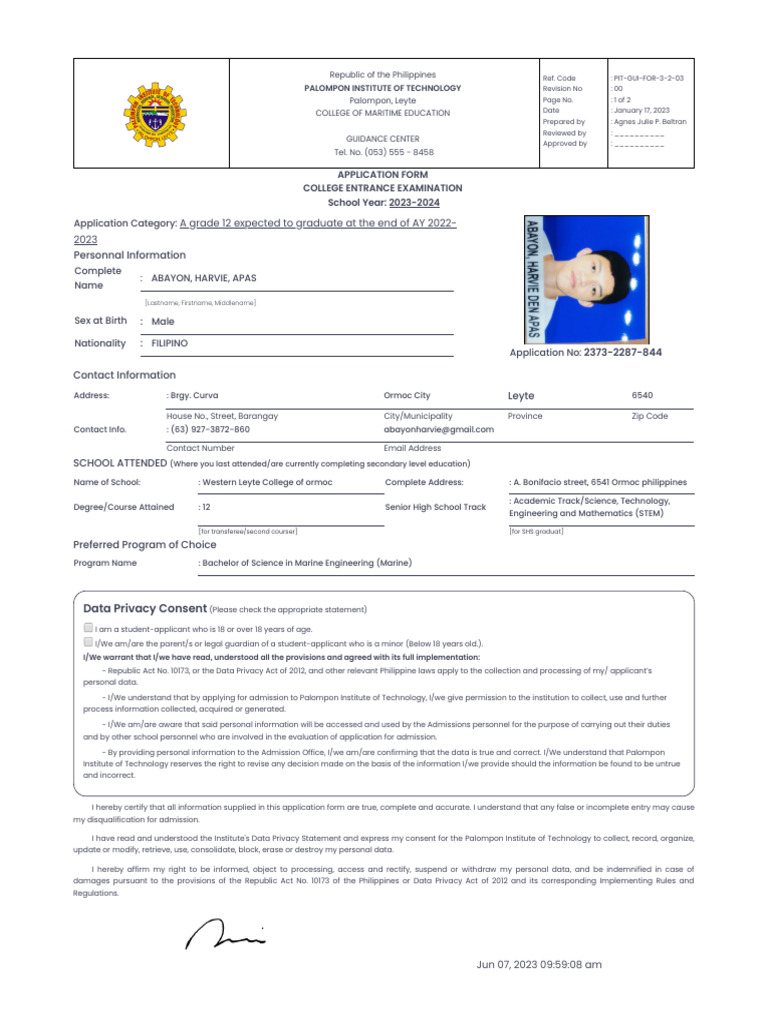 PIT Admissions Application Guidelines | PDF