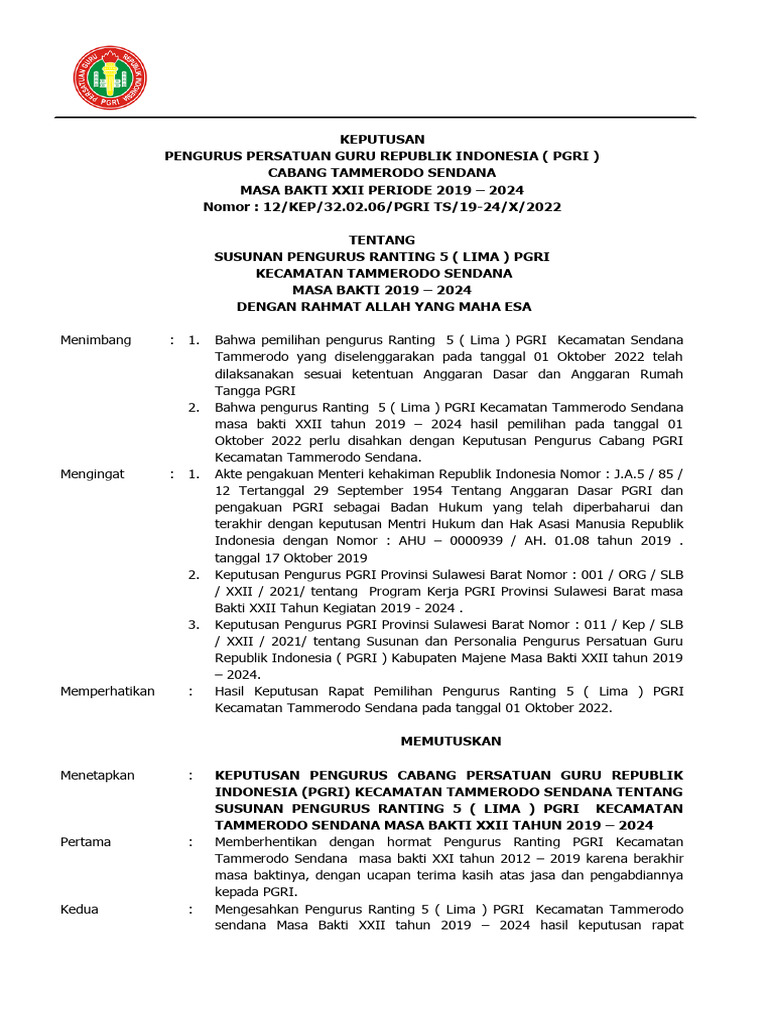 Susunan Pengurus Ranting PGRI 2019-2024 | PDF