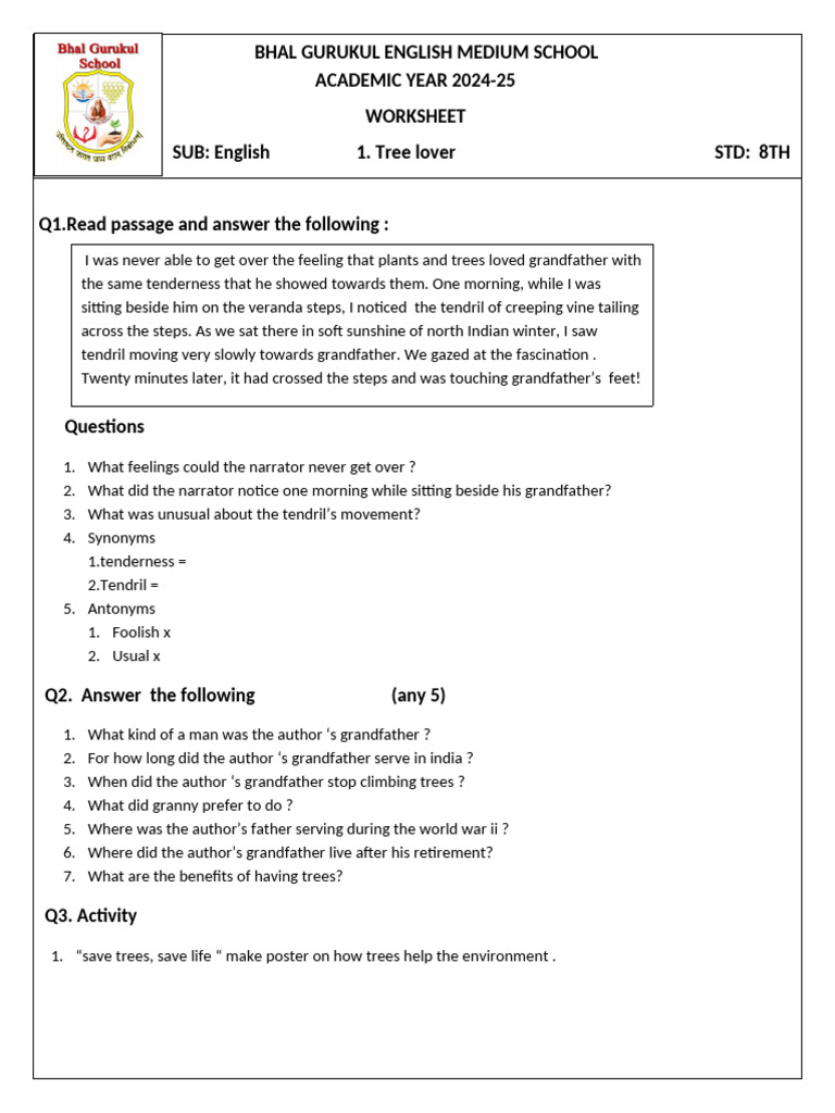 English Worksheet for 8th Grade Students | PDF