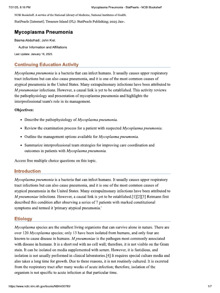 Mycoplasma Pneumonia 1 | PDF
