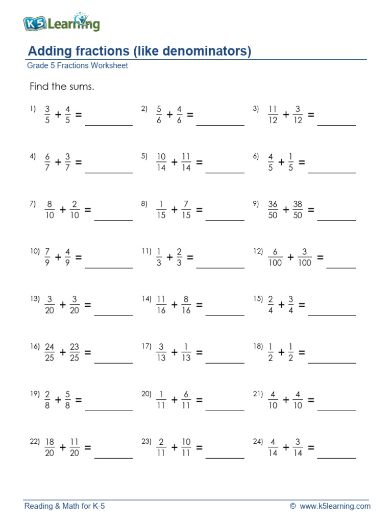 fractions sums for class 5 worksheets pdf
