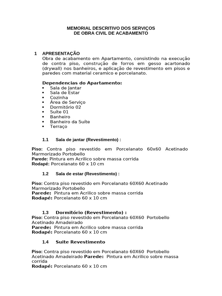 Acabamento de Apartamento: Memorial Descritivo | PDF