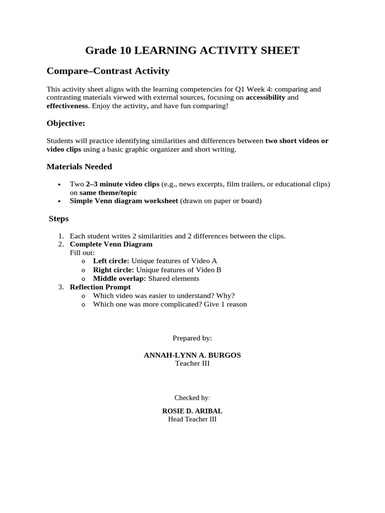 Grade 10 LEARNING ACTIVITY SHEET Week 4 1st Quarter | PDF