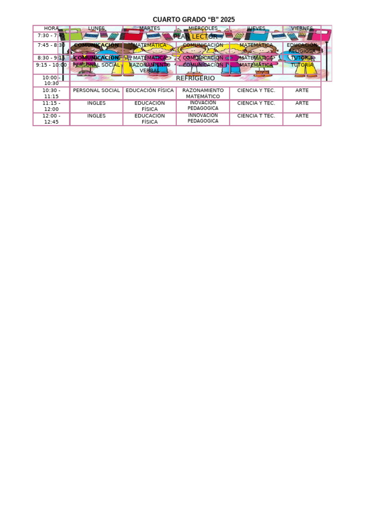 Horario Cuarto Grado B 2025 | PDF