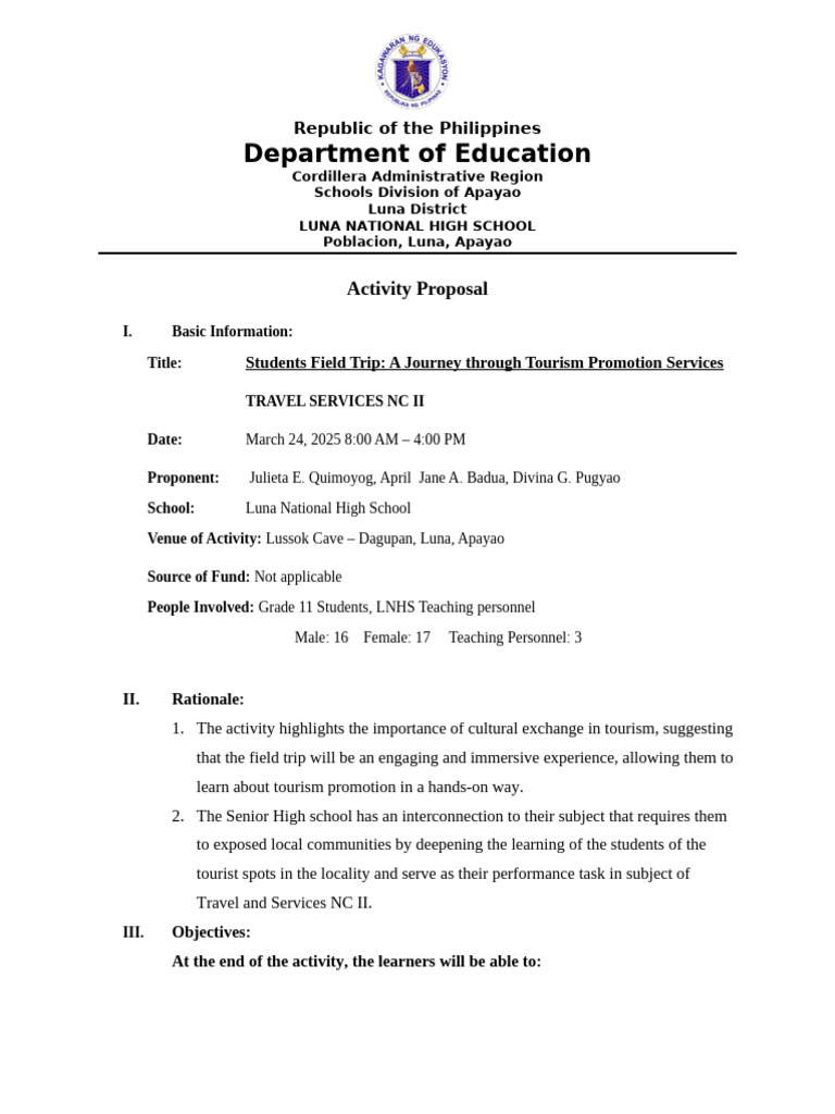 Students' Field Trip for Tourism Promotion | PDF