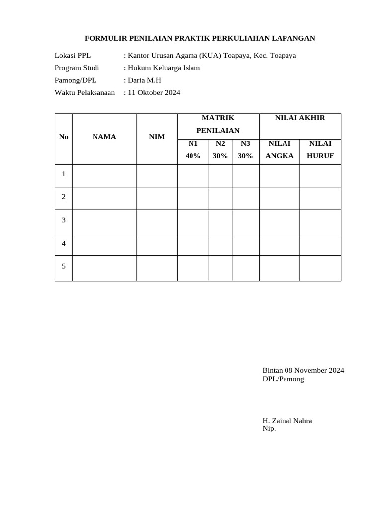 Penilaian Praktik PPL Hukum Keluarga | PDF