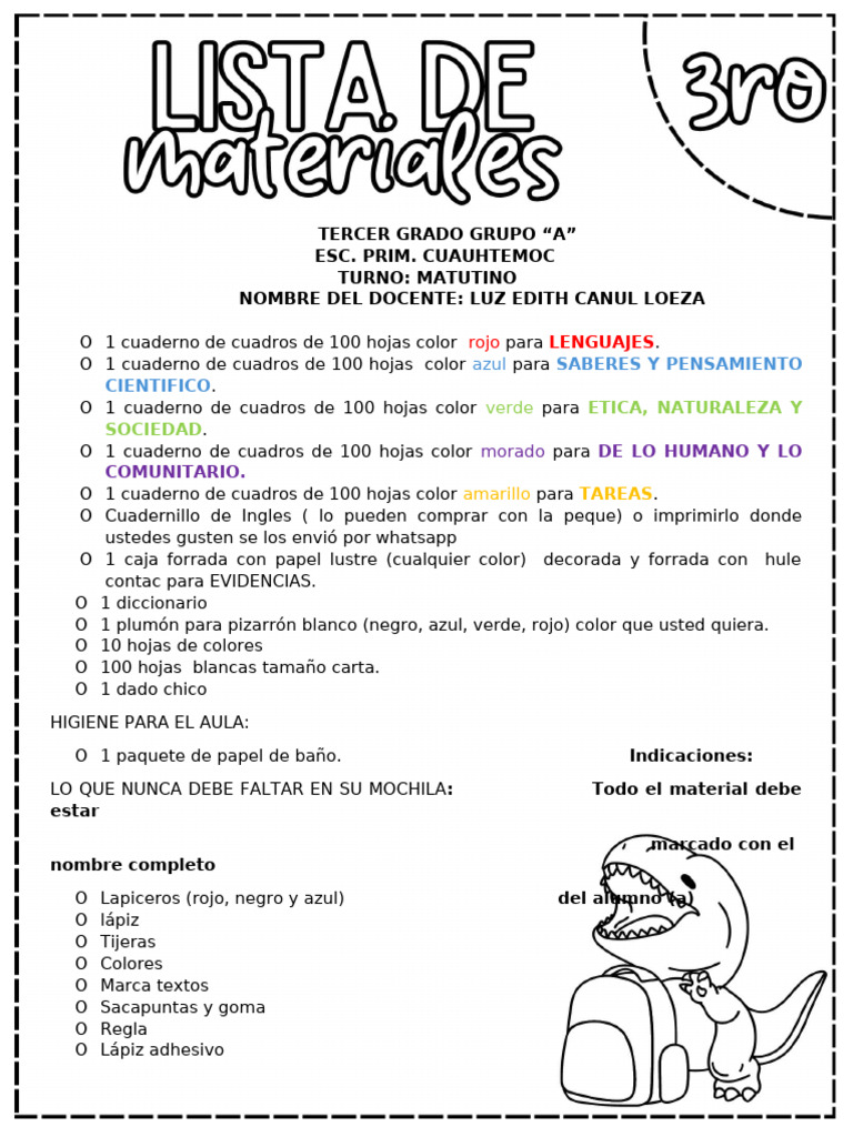 Lista de Utiles Escolares 3ro | PDF