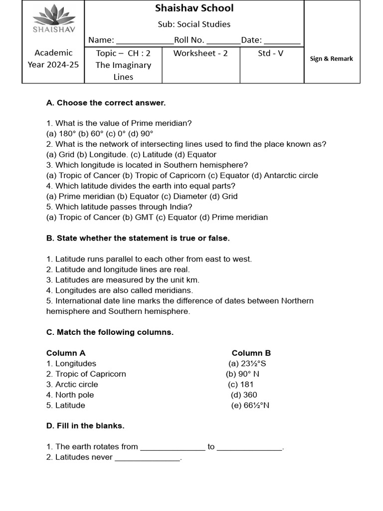 Social Science Worksheet for 5th Std | PDF | Latitude | Equator