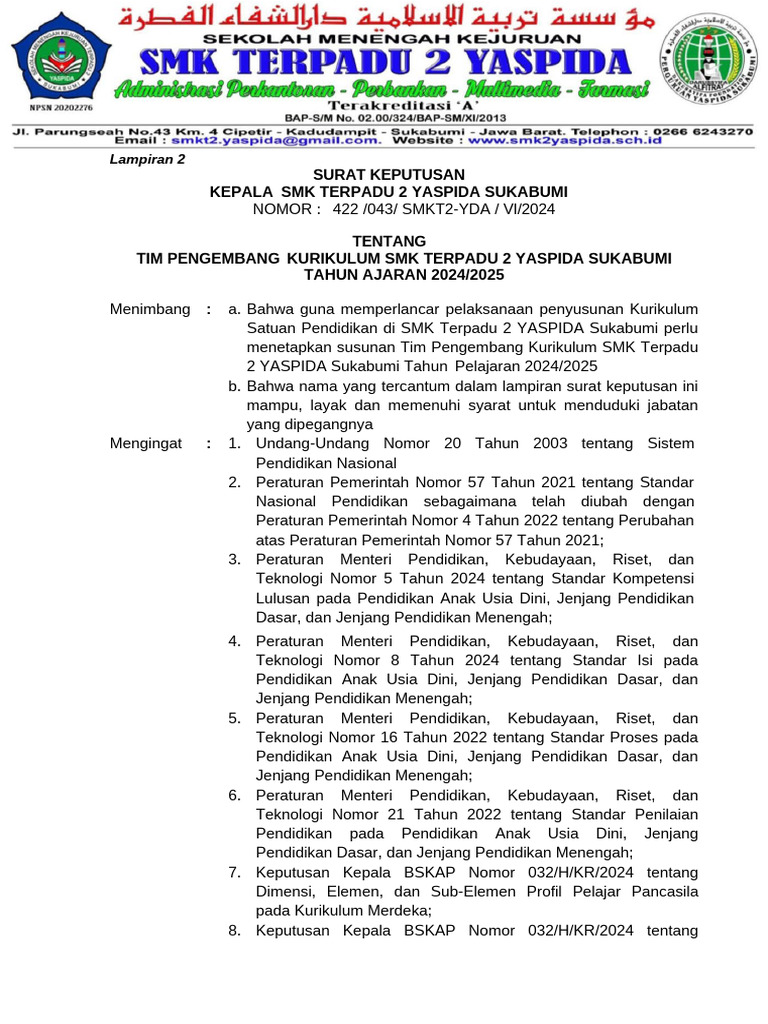 Tim Kurikulum SMK Terpadu 2 Yaspida 2024 | PDF