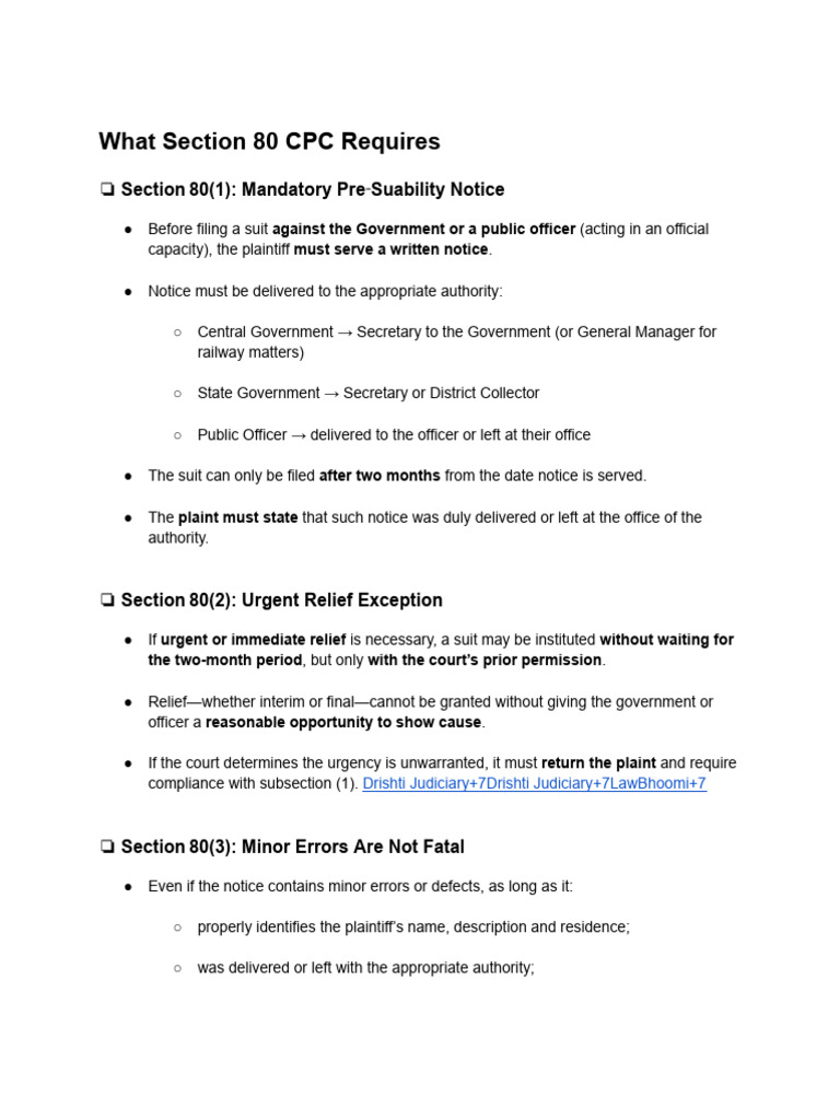 Section 80 CPC: Notice Requirements Explained | PDF | Lawsuit | Justice