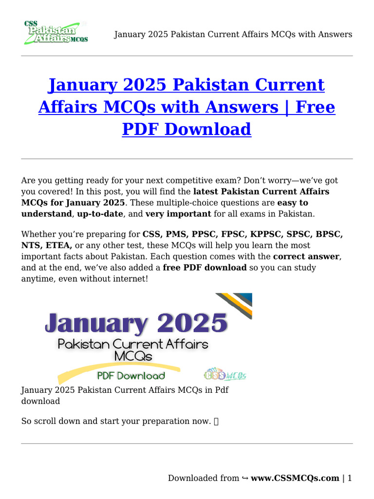 January 2025 Pakistan Current Affairs MCQs | PDF | Pakistan | Multiple ...