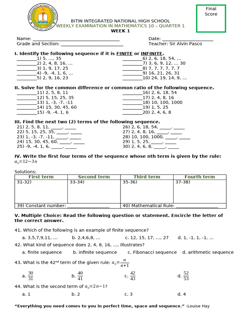 Math 10 Weekly Exam: Sequences & Series | PDF | Sequence | Number Theory