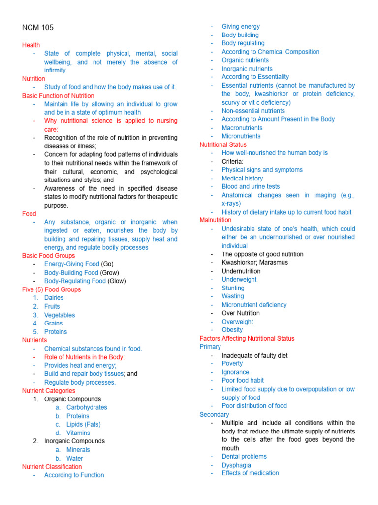 NCM105: Nutrition. Preliminary Term Notes | PDF | Determinants Of ...