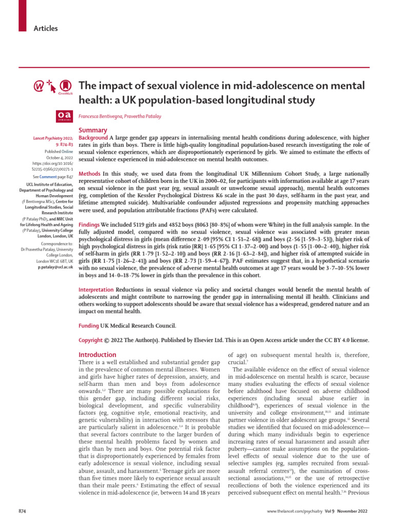 The Impact of Sexual Violence in Mid Adolescence o | PDF | Violence ...