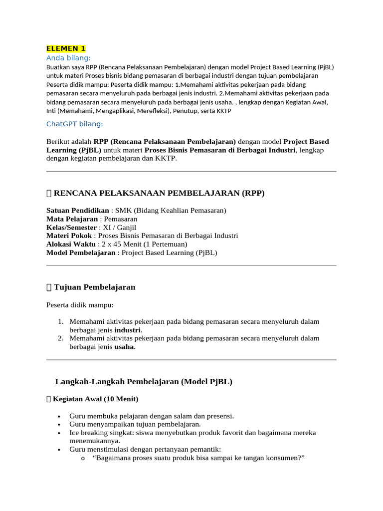 RPP Pemasaran SMK dengan PjBL | PDF