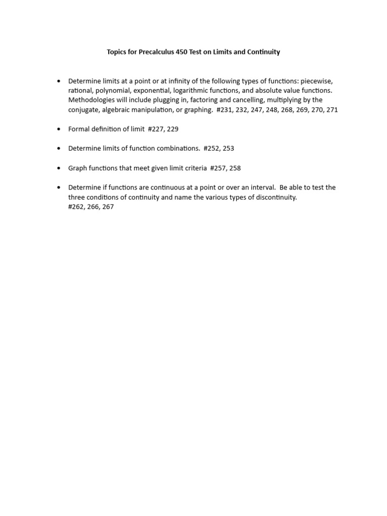 Precalculus Limits and Continuity Test Topics | PDF