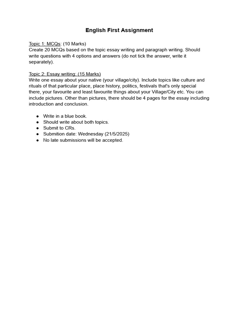 English Assignment: MCQs & Essay Writing | PDF