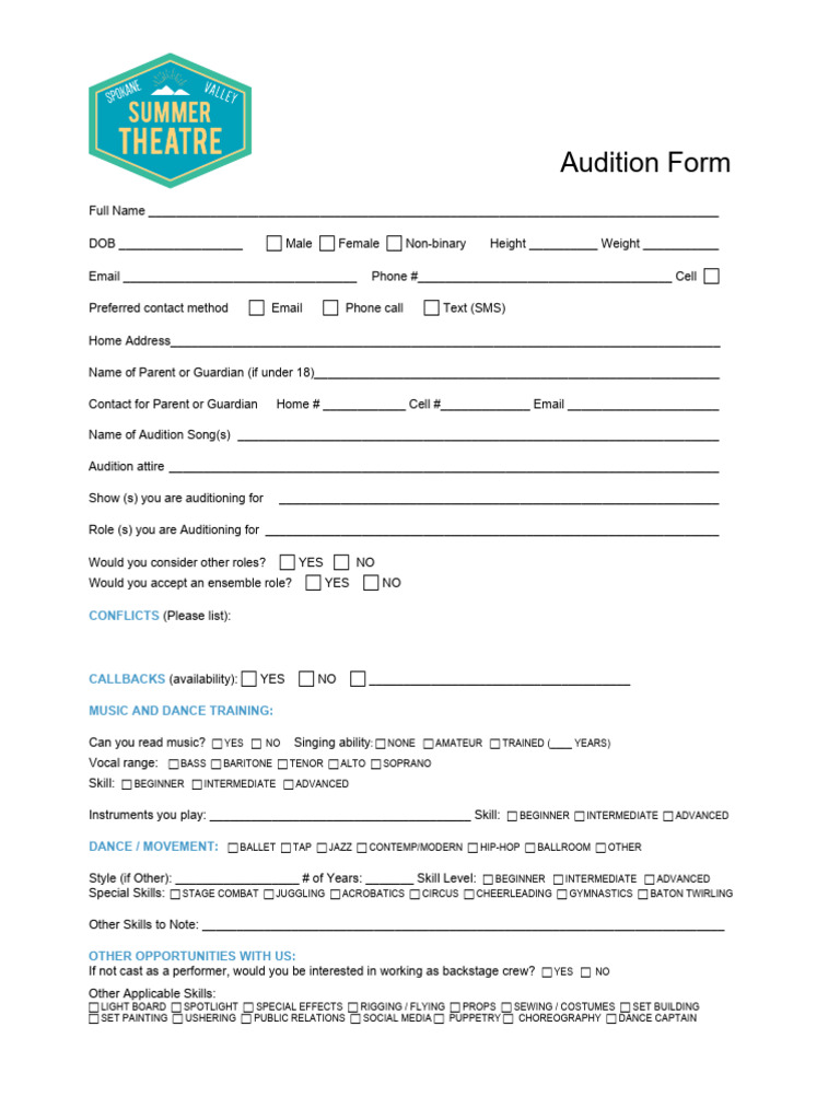 Audition Form for Performers and Crew | PDF | Audition | Entertainment