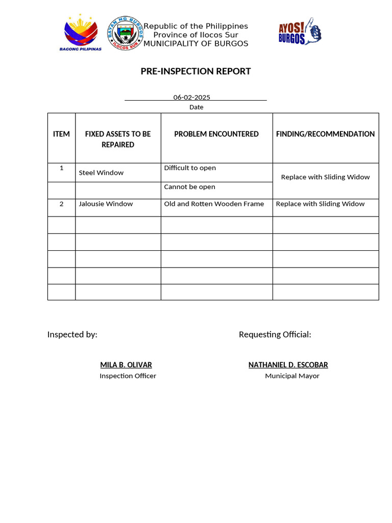 Burgos Pre-Inspection Report 2025 | PDF