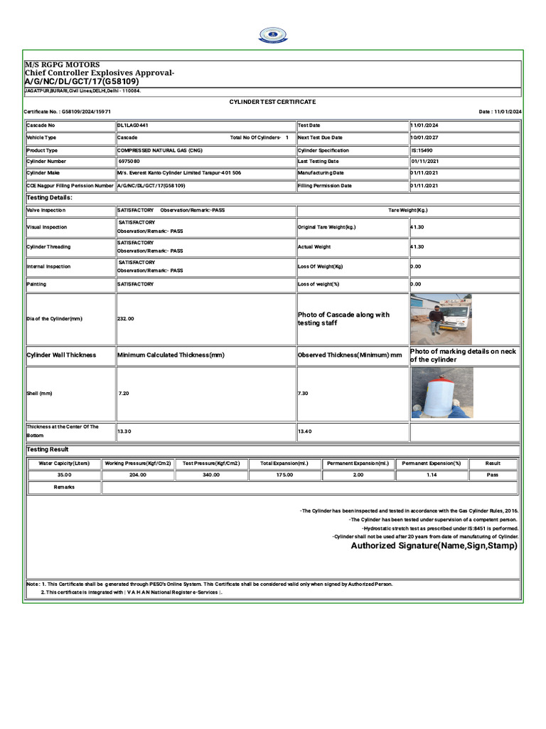 CNG Cylinder Test Certificate G58109 | PDF | Gas Technologies | Gases