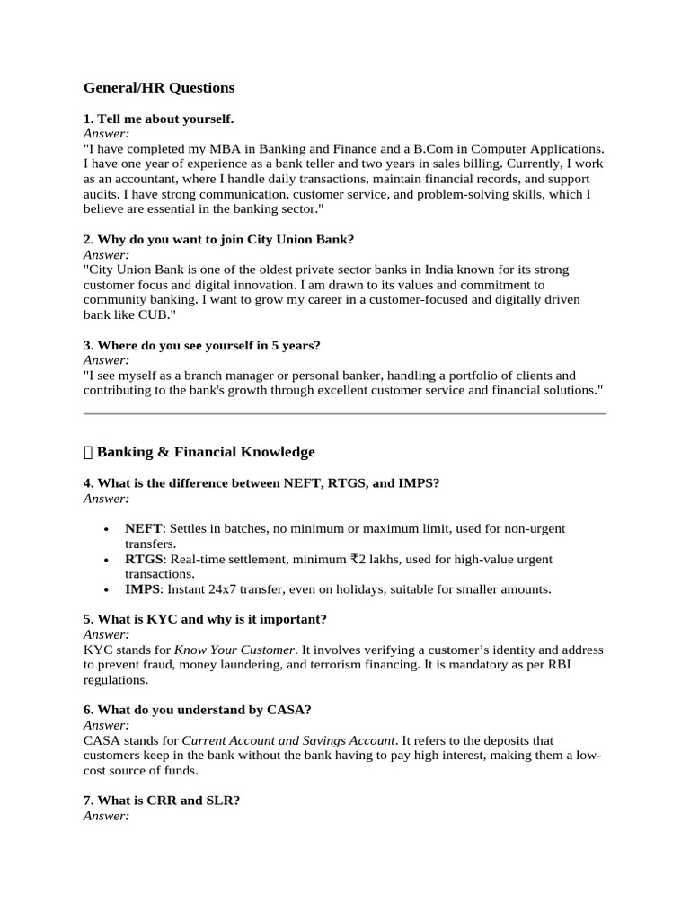City Union Bank Interview Insights | PDF | Banks | Reserve Bank Of India