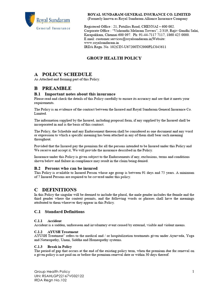 A Policy Schedule B Preamble | PDF | Insurance | Hospital