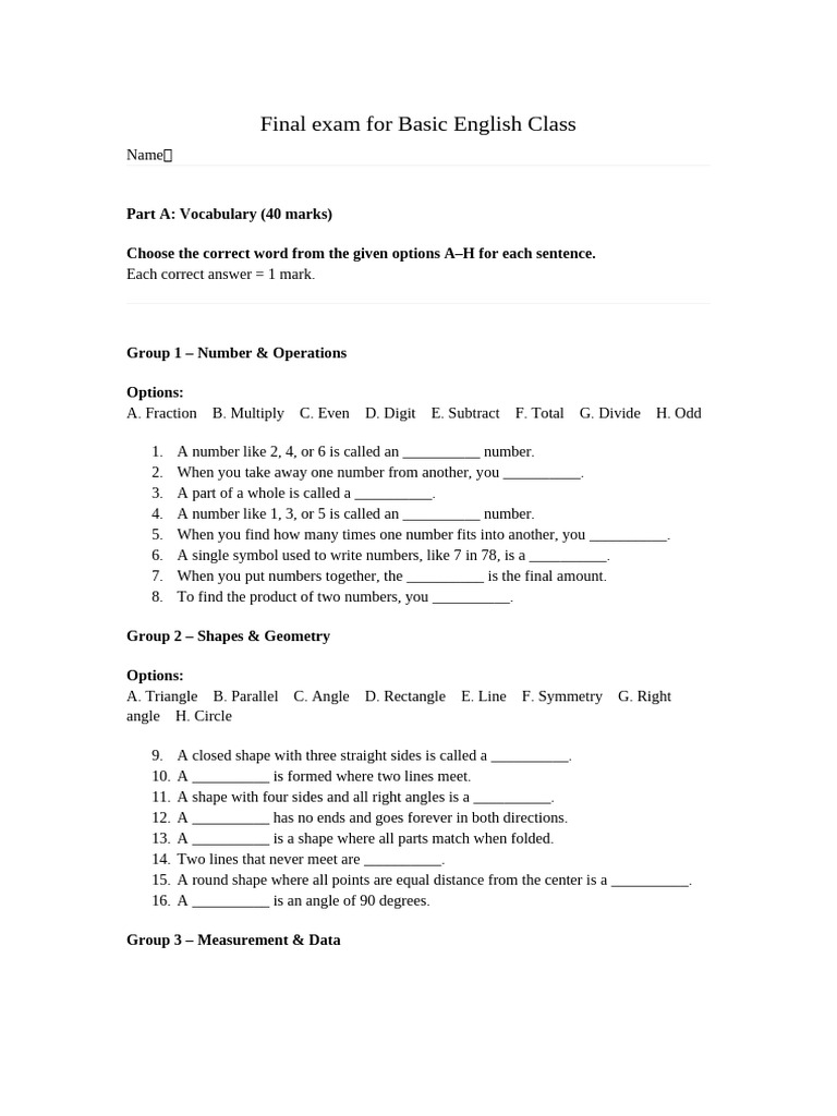 Basic English Final Exam Overview | PDF | Circle | Numbers
