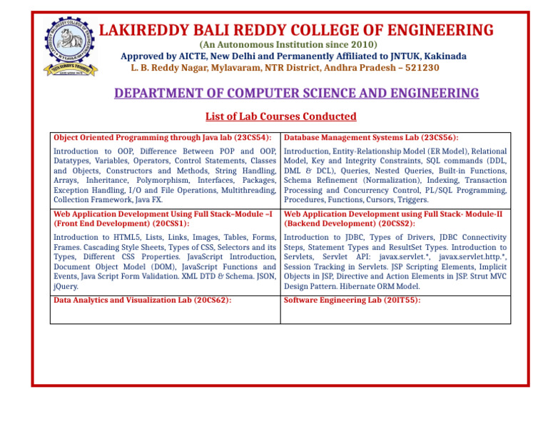 DBI Lab Courses Overview | PDF