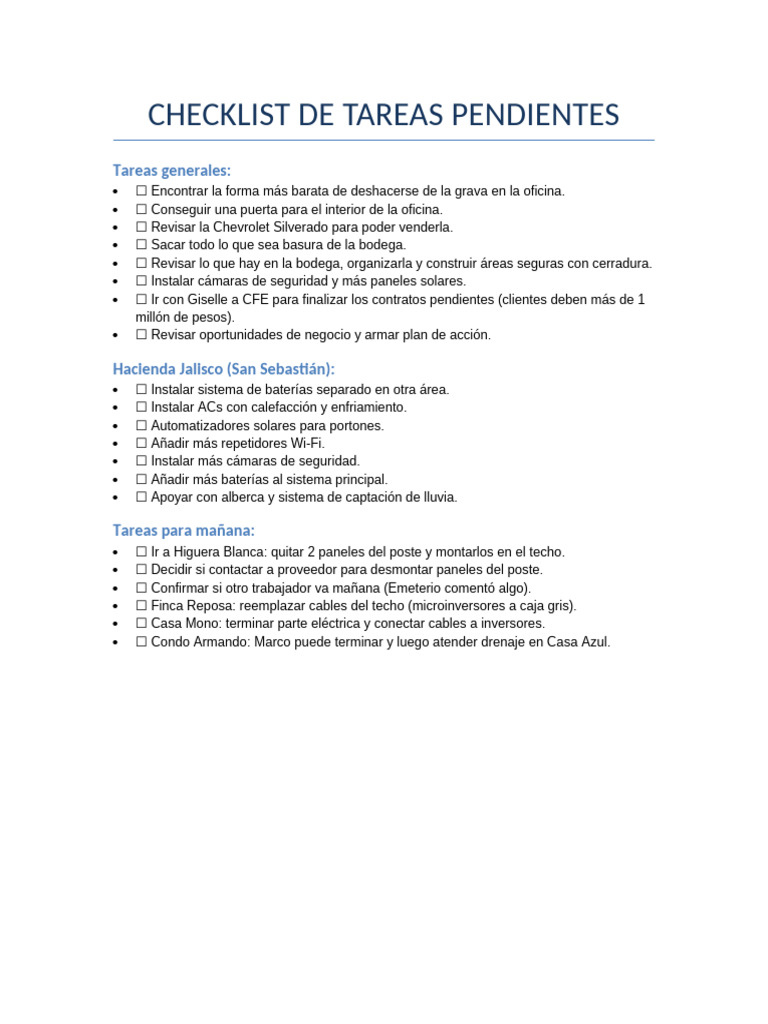 Checklist de Tareas Generales Pendientes | PDF